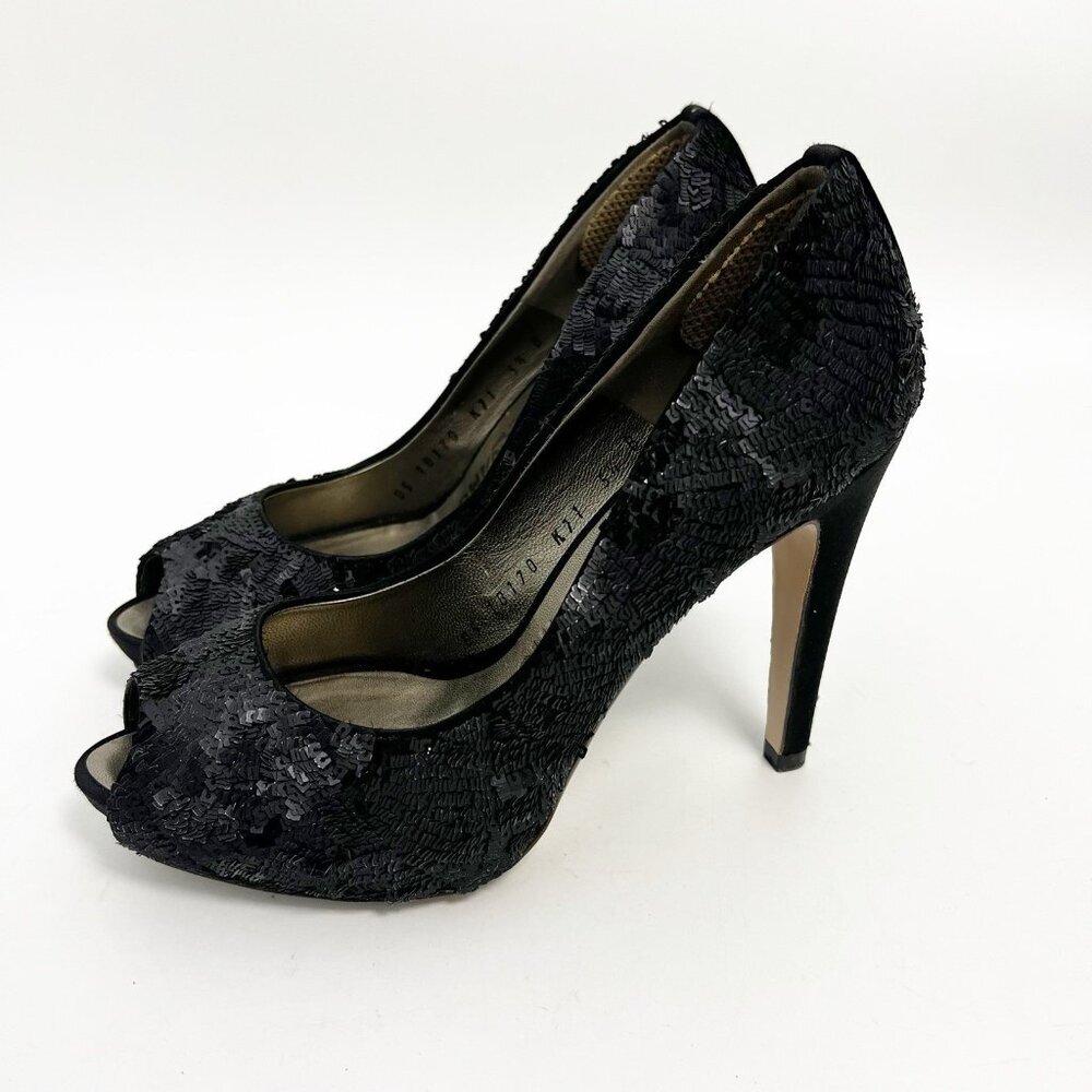 salvatore ferragamo Black Sequins Embellished And Satin Peep Toe Platform Pumps